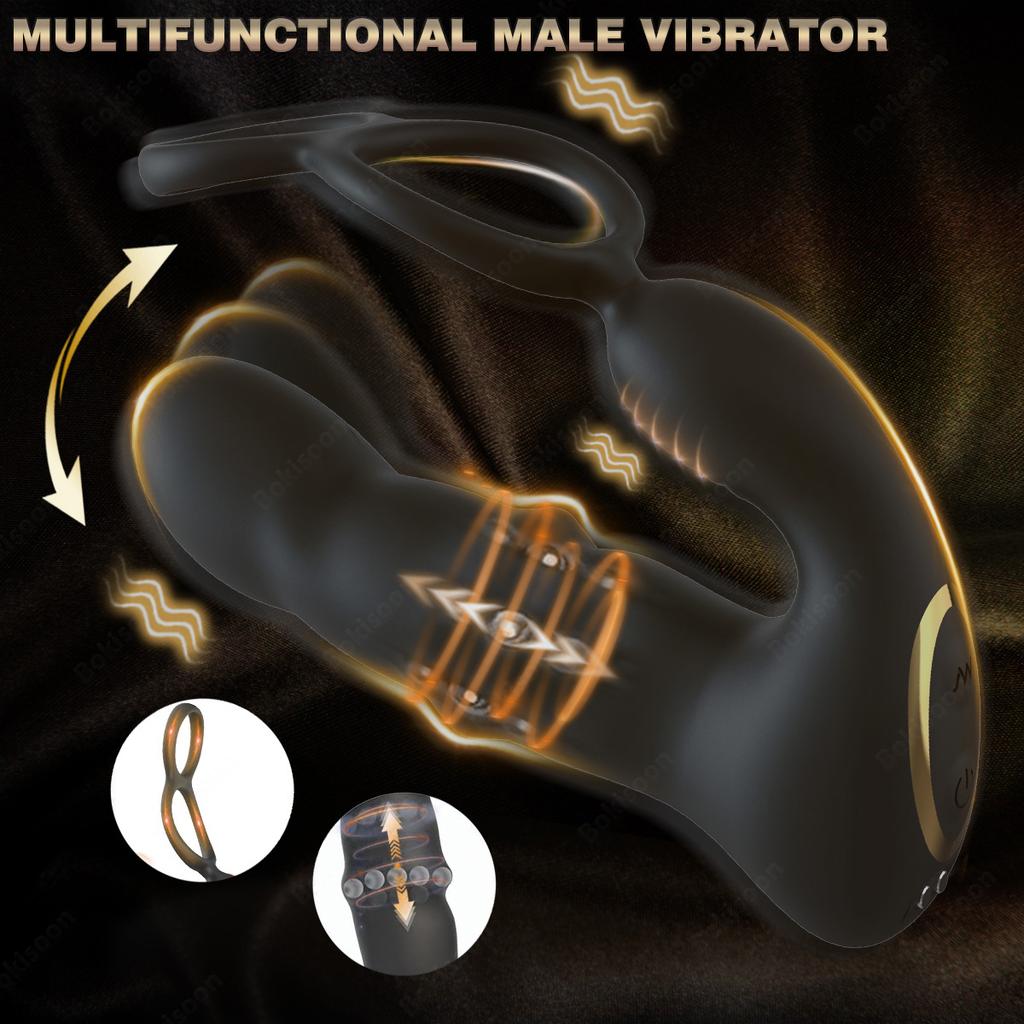 9 Wiggling Thrusting Beads Prostate Massager Vibrating Butt Plug with Penis Ring Vibrator Anal Dildo Prostate Stimulor for Men Double-locking Ring