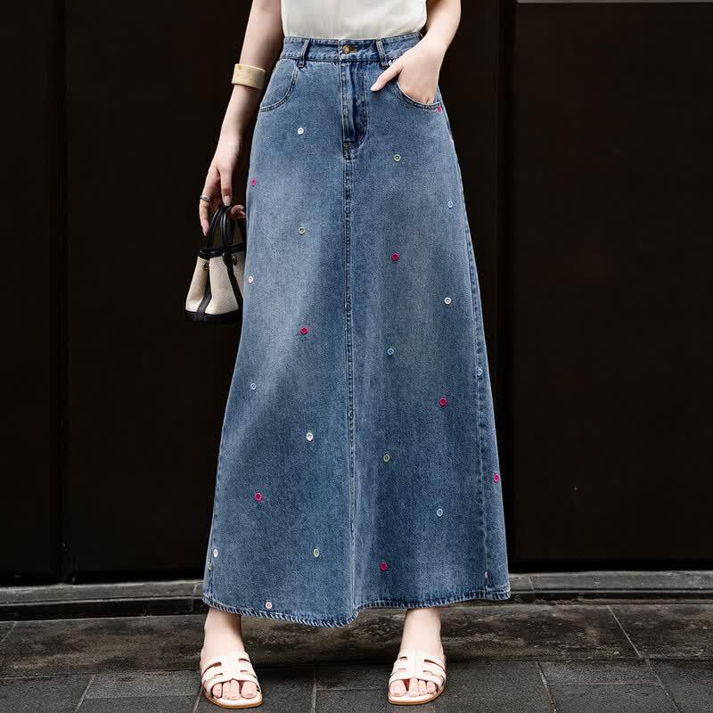 Lanse er Polka Dot Embroidered A-Line Denim Skirt S