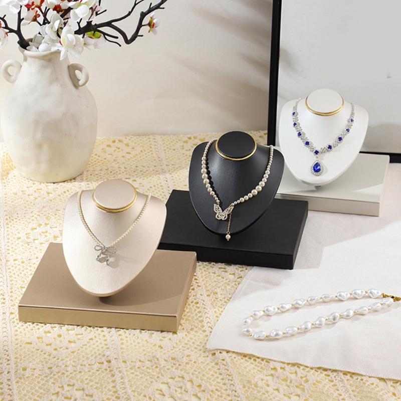 Necklace Display Bust Stand, Leather Covered Jewelry Display Stand with Angled Form and Square Base for Counter Showcase