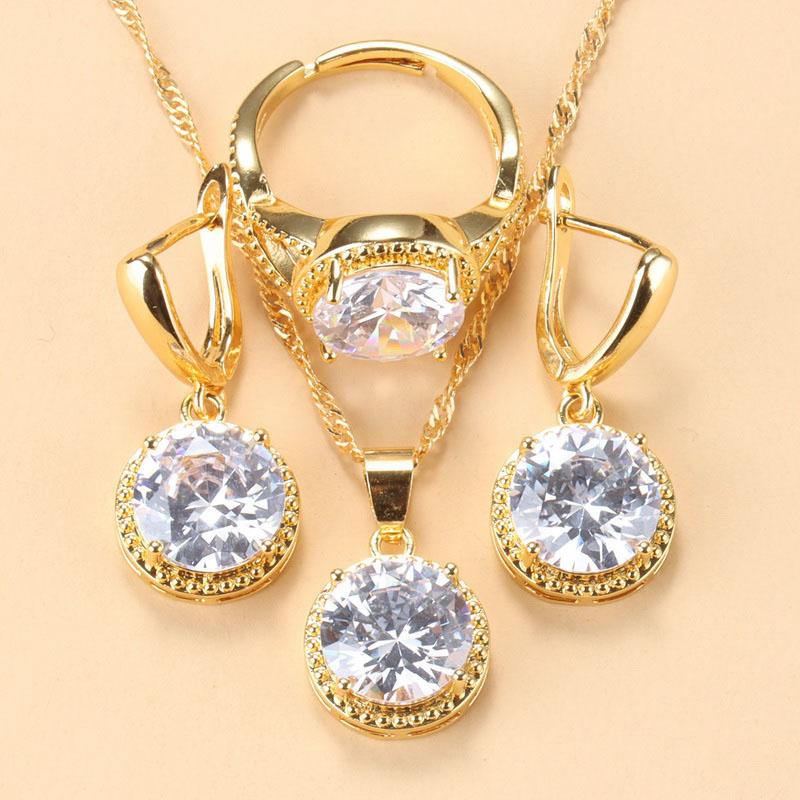 Sell Well Wedding Jewelry Sets Round Black Zircon Dangle Earrings And Necklace Ring For Women Gift