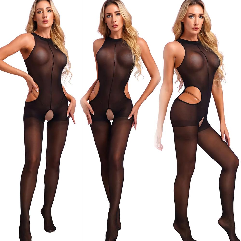Striped One Piece Sexy Women Crotchless Bodystocking For Sex Lace Transparent Lingerie Bodysuit Black Mesh Jumpsuit