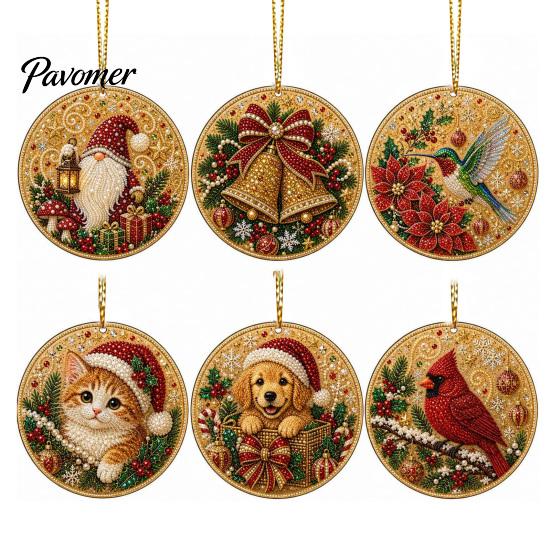 Acrylic Santa Hanging Ornaments 6 Pcs Christmas Pearl Art Ornaments, 2D Flat Holiday Tree Pendant, Effect Decoration for Home Wall Door Window
