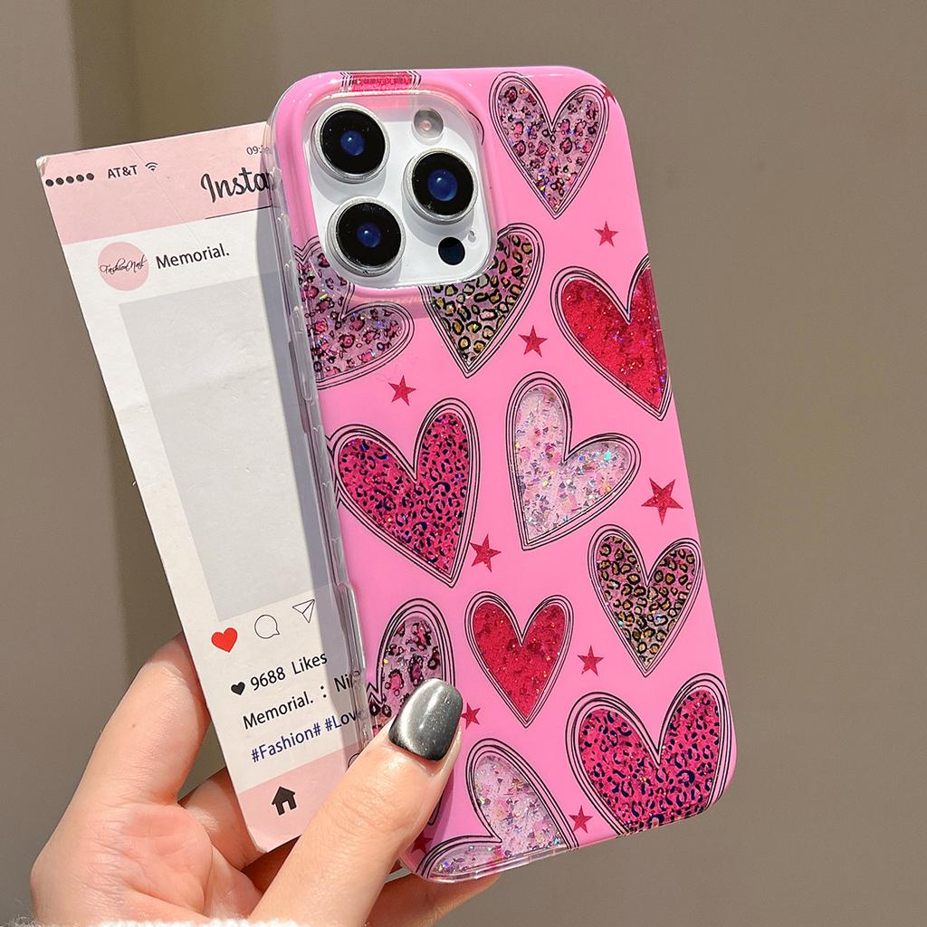 Trendy Love Heart Leopard Glitter Pink Phone Case for IPhone 13 14 15 16 17 Pro Max 15pro Shockproof Soft  Bling Cover