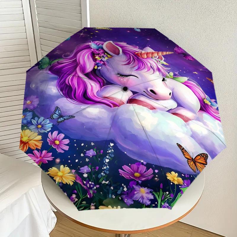 1 Stück Einhorn-Blumen-Regenschirm - 8 Speichen, verstärkt, tragbar, faltbar, Reise-Regenschirm, geeignet für alle Jahreszeiten, tägliche Nutzung im Freien -J0405