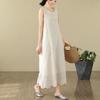 Summer New Large-size Literary Solid Color Hollow Medium and Long Casual Vacation Sleeveless Dress Women