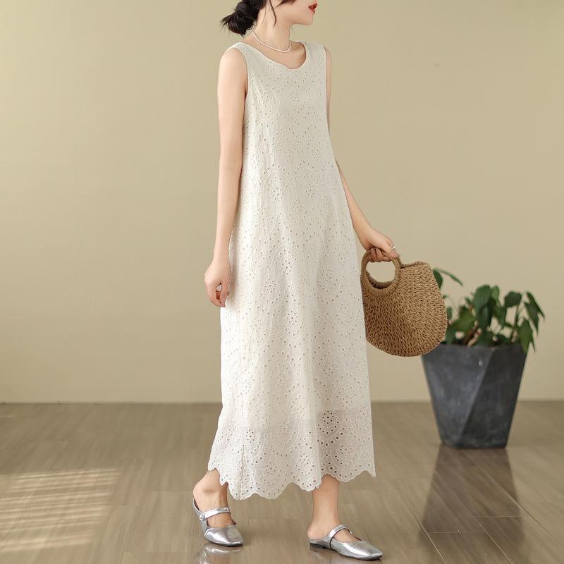 Summer New Large-size Literary Solid Color Hollow Medium and Long Casual Vacation Sleeveless Dress Women
