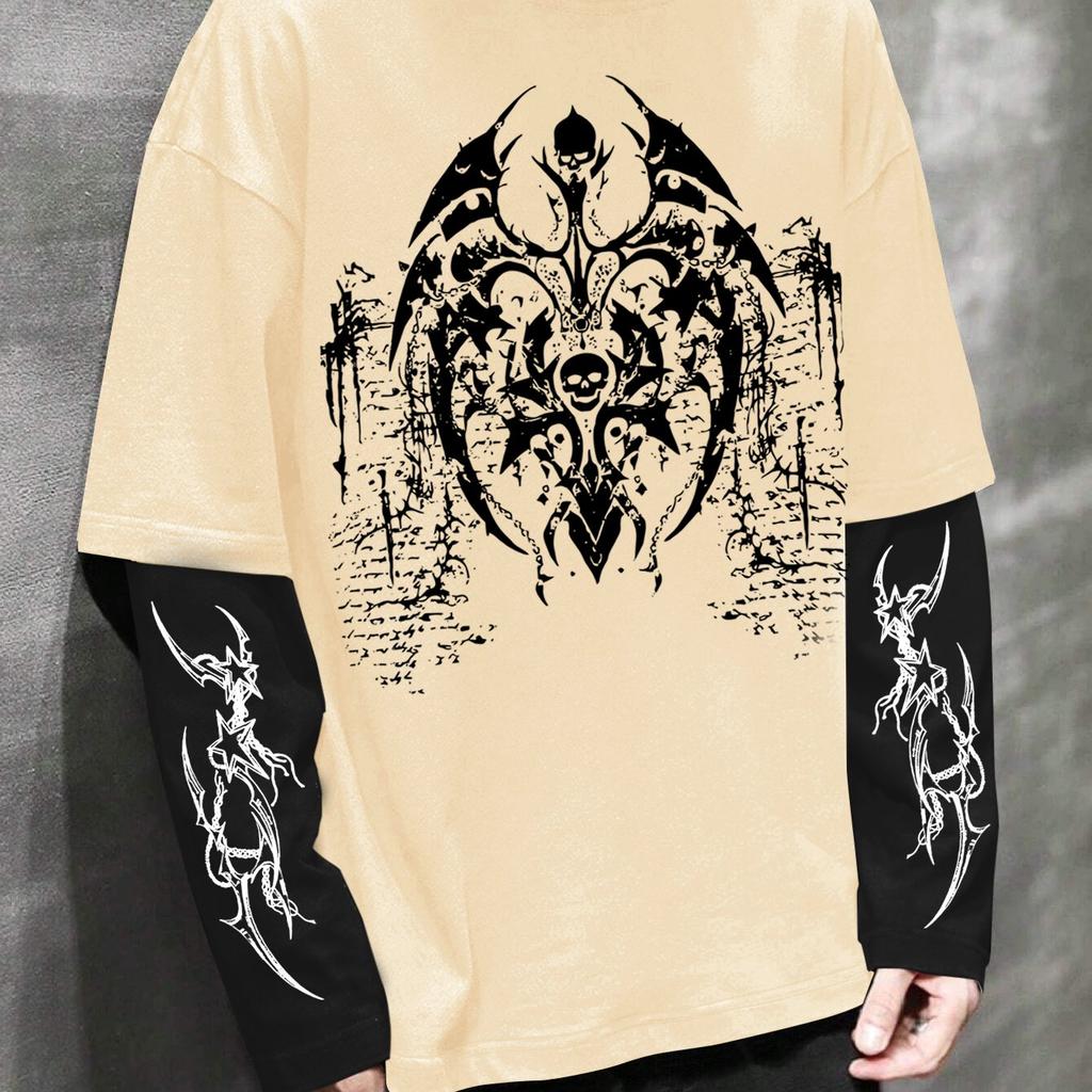 Men'S High Street Hip-Hop Dark Style Double Sleeve Print T-Shirt, a Fashionable New Arrival for Spring
