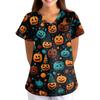 Women's Halloween Printed V-Neck Short Sleeve Scrub Top with Pockets Loose Fit