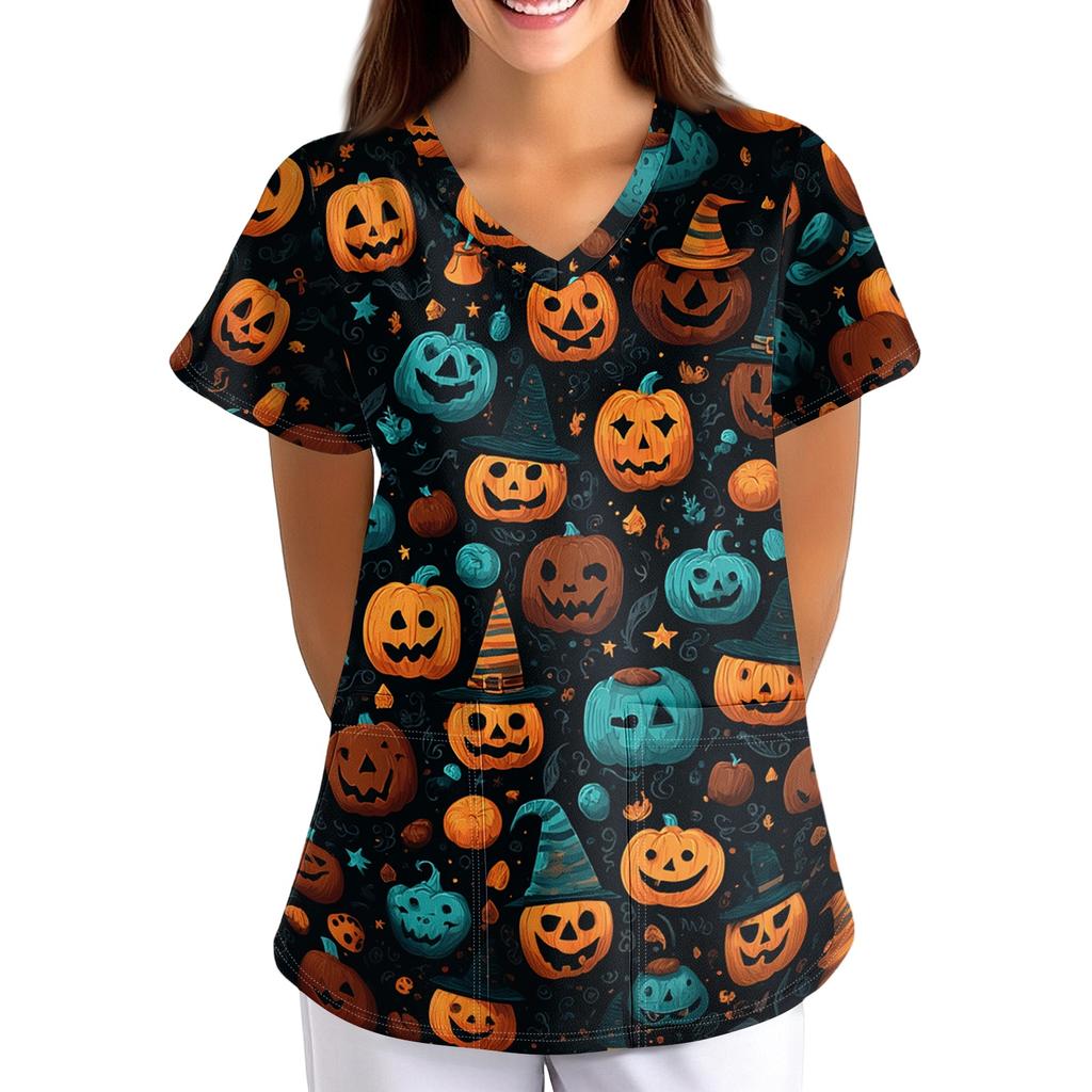 Women's Halloween Printed V-Neck Short Sleeve Scrub Top with Pockets Loose Fit