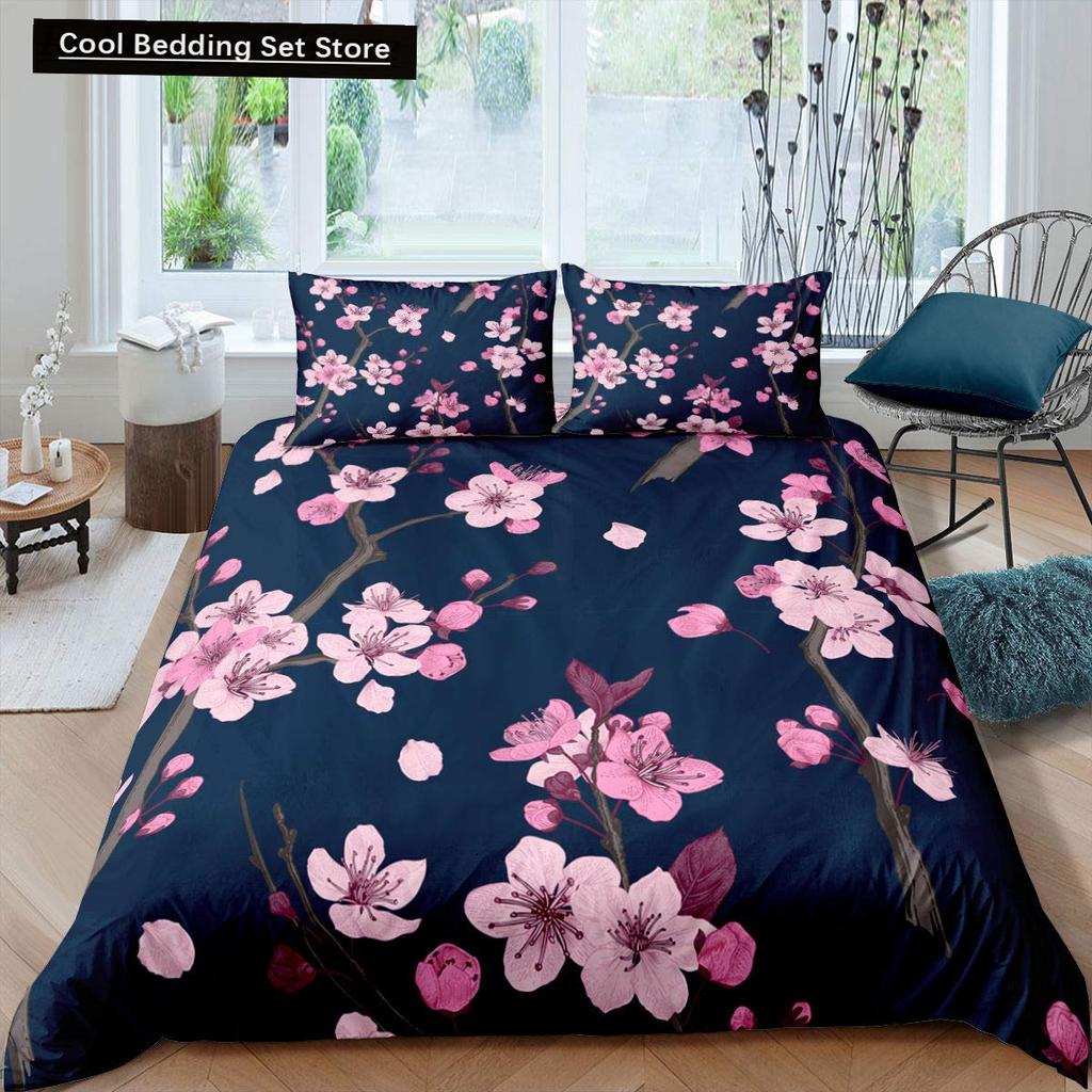 Rosa Kirschblüten King Queen Bettwäscheset Frühlingsflora Bettbezug Japanische Blumen Steppdeckenbezug Weicher Polyester Bettdeckenbezug