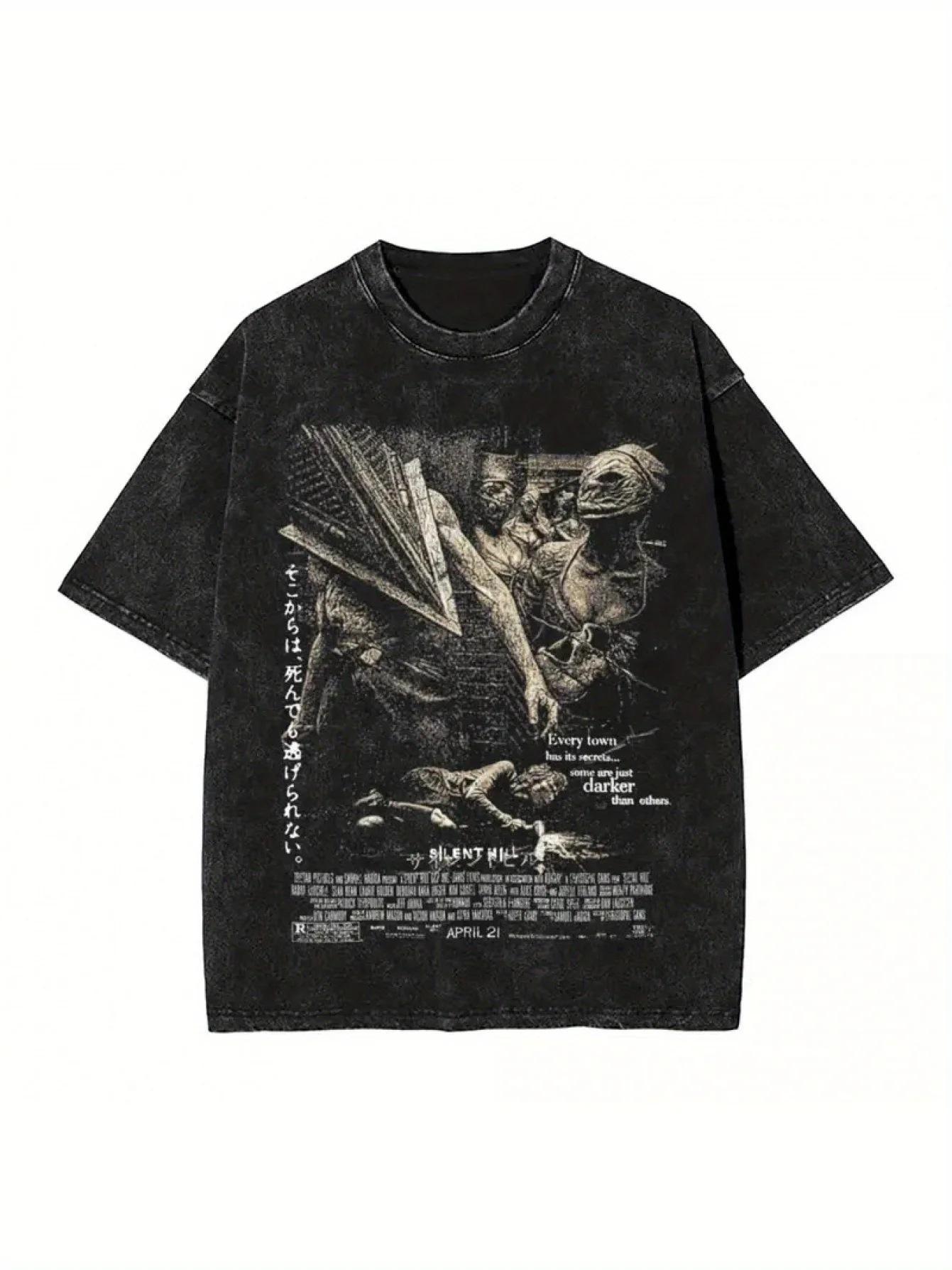 Tričko Vintage tričko Bavlna Harajuku tričko Hip Hop Street top Silent Hill Pánske a dámske Potlačené Prané Hororový film XL gray