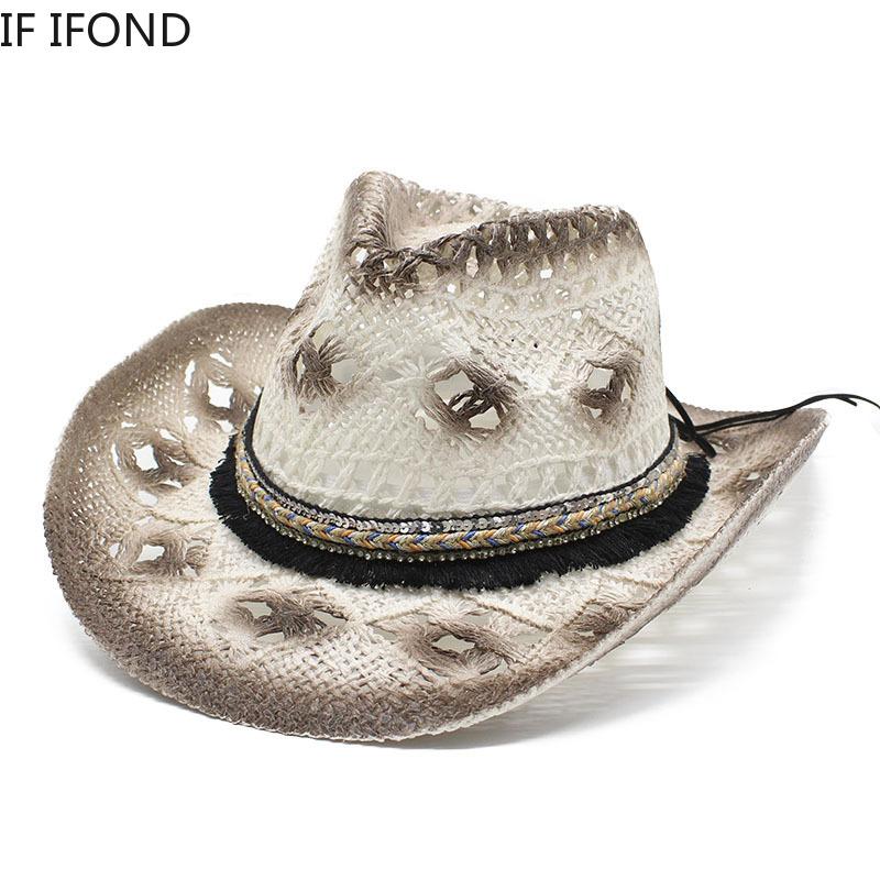 Retro Damen Herren Sommer Sonne Stroh Cowboy Western Cowgirl Hut aushöhlen Strand breite Krempe Rettungsschwimmer Hüte