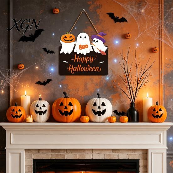 Wooden Seasonal Front Porch Ornament Halloween Ghost Door Sign, Cute Ghosts Hanging Wreath, Rustic Happy Kids Room Festive Wall Art Welcome