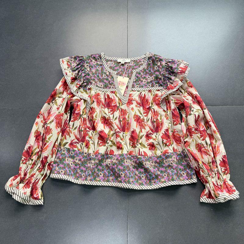 

Foreign Trade Order En Home Early Pure New V-neck Cotton Frill Flower Doll Type Shirts Top Loose Version Retro red Florals shirt L