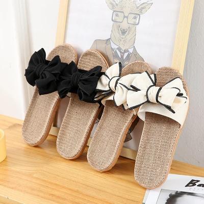 Scivoli casual estivi da donna Comode pantofole in lino Infradito in lino con fiocco a righe Sandali con plateau Scarpe da interno da donna