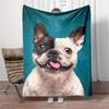 Soft Fleece Blanket French Bulldog Portrait Black White Split Face Brown Eyes Pink Tongue Teal Background Realistic Painterly Pet Art Gift