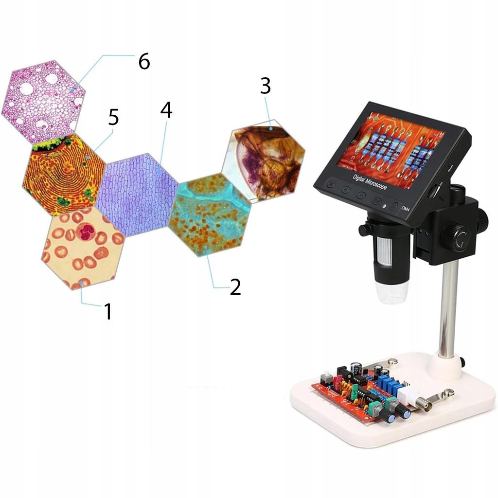 Rosfix Mikroskop Cyfrowy Z Wyświetlaczem 4,3"" DM4-Z01B019 – Powiększenie 50X–1000X | 8 Diod LED | Połączenie Z PC