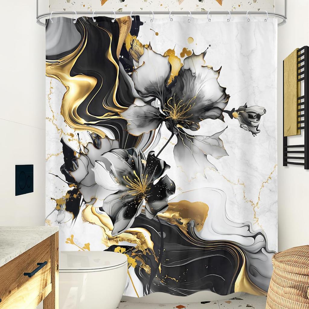 Black White Gold Marble Shower Curtain, Abstract Floral Ink Texture, Minimalist Luxury Design With Hooks