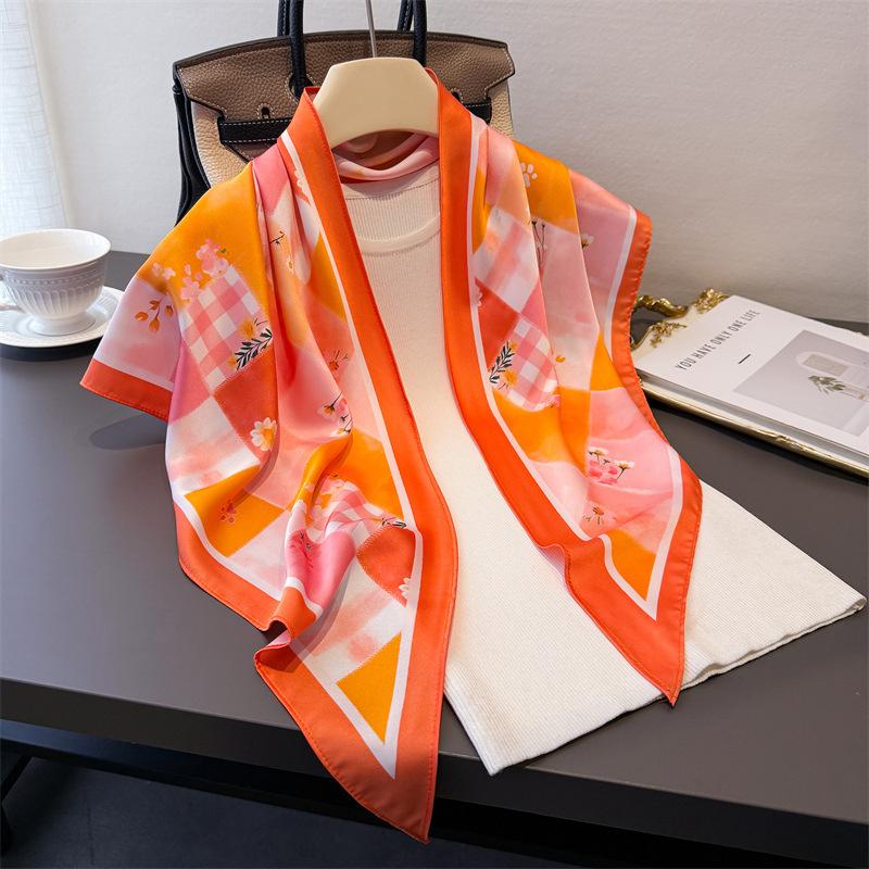 Fresh Plaid Triangle Scarf Imitation Silk Printing Sunscreen Shawl Tied Waist Scarf Women's Silk Scarf Scarf Headscarf Scarf
