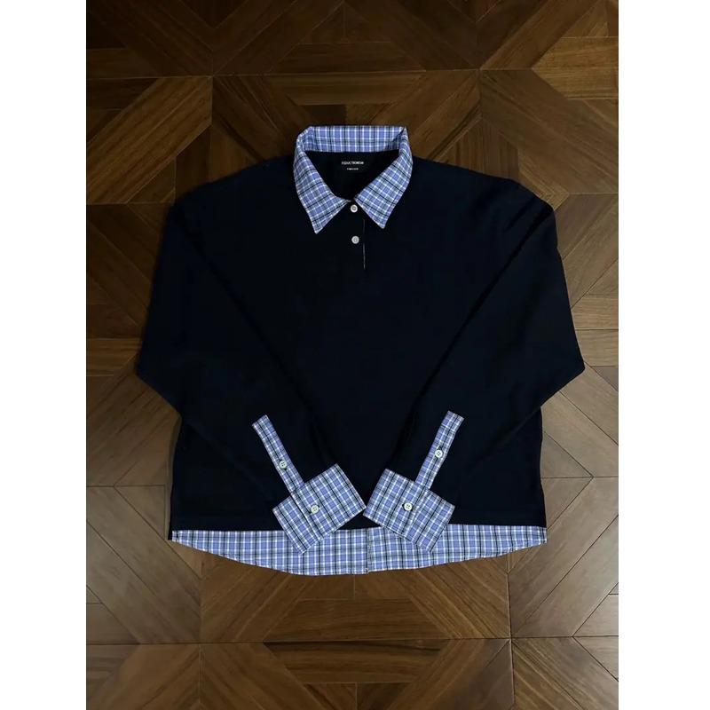 Men s Dark Blue Faux Two-Piece Polo Hoodie - Autumn Long-Sleeve with High-End American Lapel, CleanFit. L