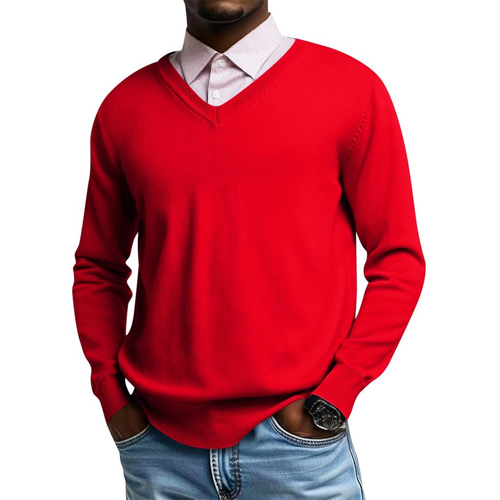 Męski dzianinowy top z dekoltem V i długim rękawem, codzienna wygoda, bluzka z długim rękawem