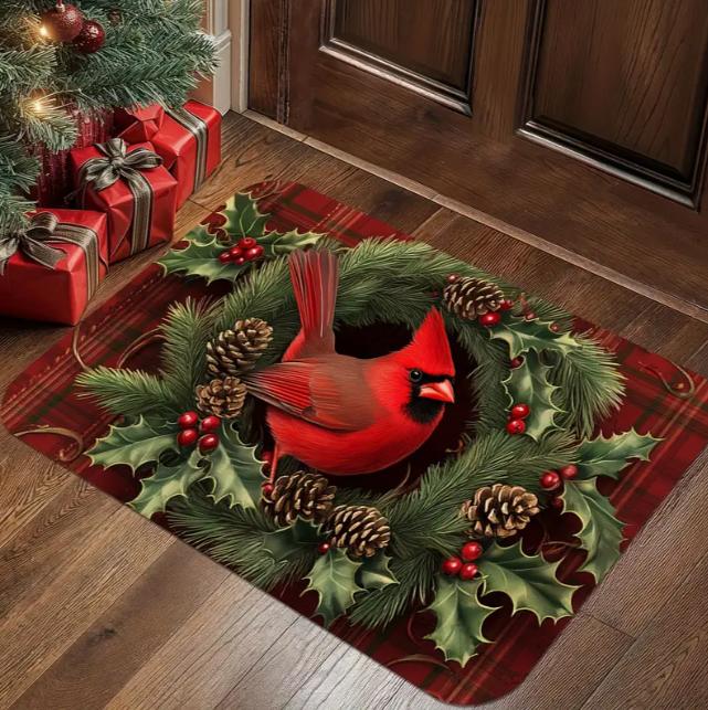 Red Bird Christmas Man Welcome Door Mat Front Door Mat Outdoor Entrance Mat with Christmas Door Mat Home Decor Check-in Gift
