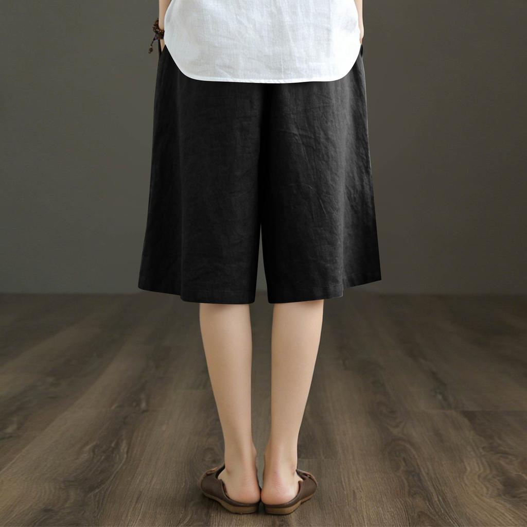 Women's Fashionable Casual Loose Fit Literary Vintage Cotton Linen Shorts With Pockets