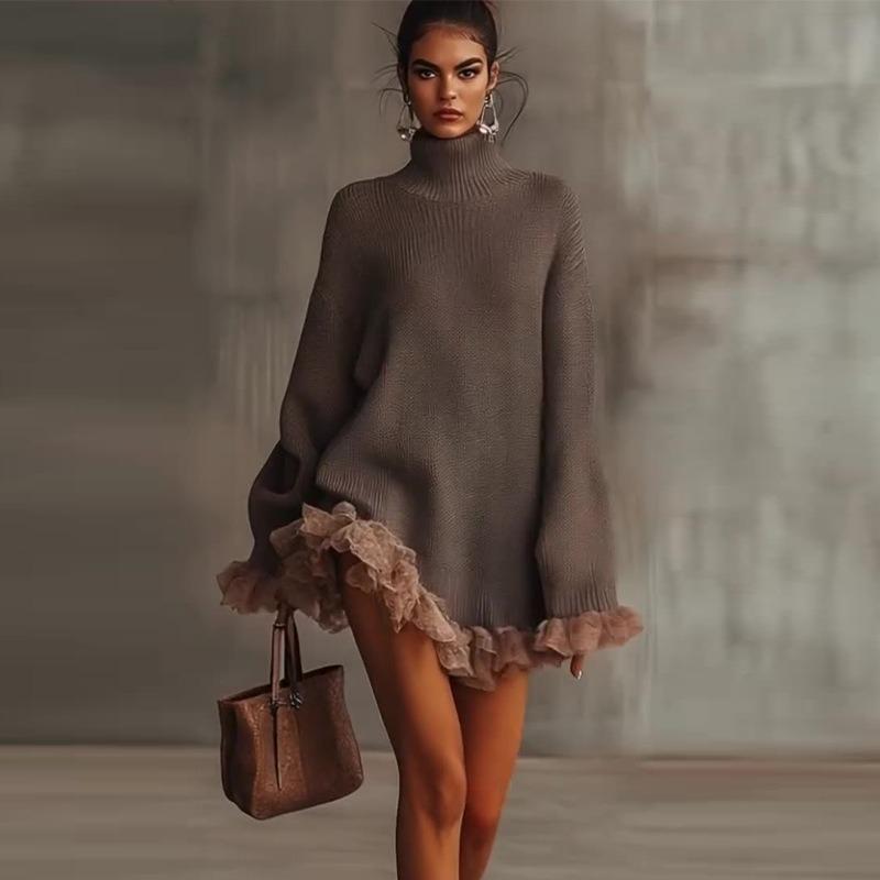 Gestrickter Pullover mit hohem Kragen, Rüschen-Applikation und langen Ärmeln, Freizeit