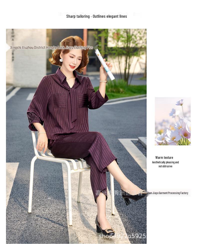 Elegant Summer Two-Piece Set: Wide-Leg Pants & Top for Middle-Aged Women