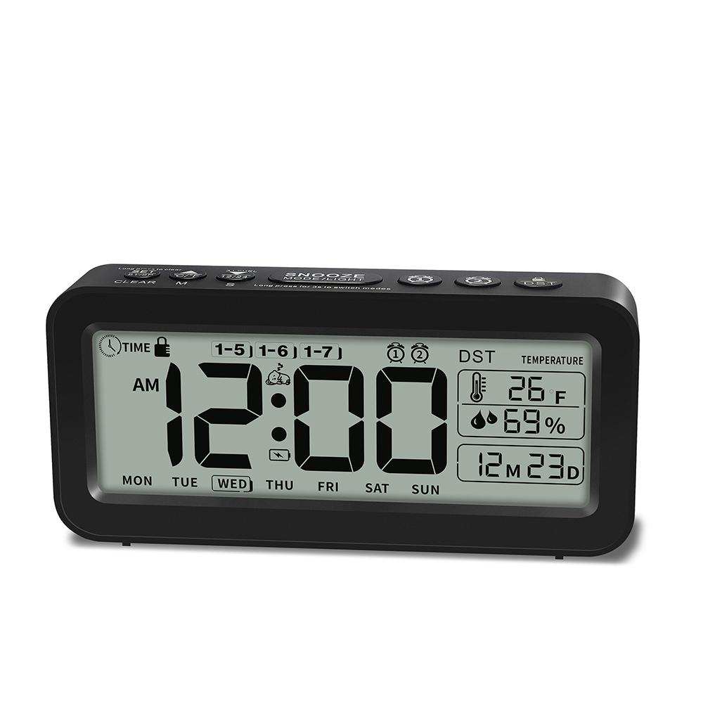

Digital Alarm Clock with Temperature Humidity Countdown LCD Calendar Weekday Display Battery Powered for Home Office Décor