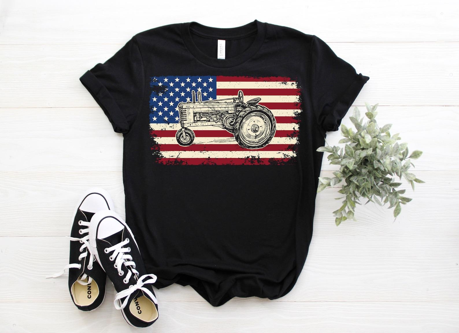 Tractor American Flag Farming Vehicles Cars Vintage Patriotic T-Shirt, Tractors Lovers, Farmer Gifts, Farm Dad Adult, Kids, Youth, Unisex, 130