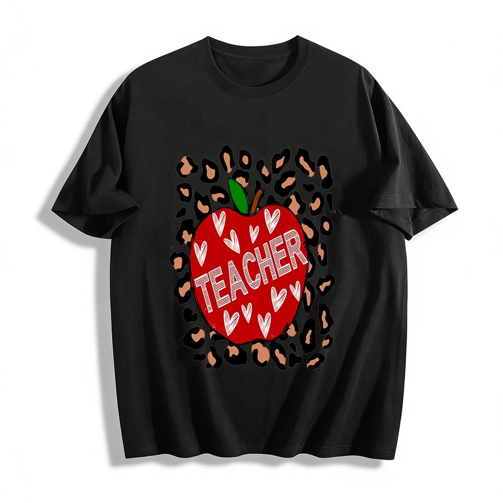 

Leopard Print Apple Heart Graphic Teacher Casual Top Pure cotton T-shirt XXS