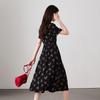 French Printed V-neck Short Sleeved Dress for 2026 Spring Fashion, Versatile and Slimming, Mid Length Skirt