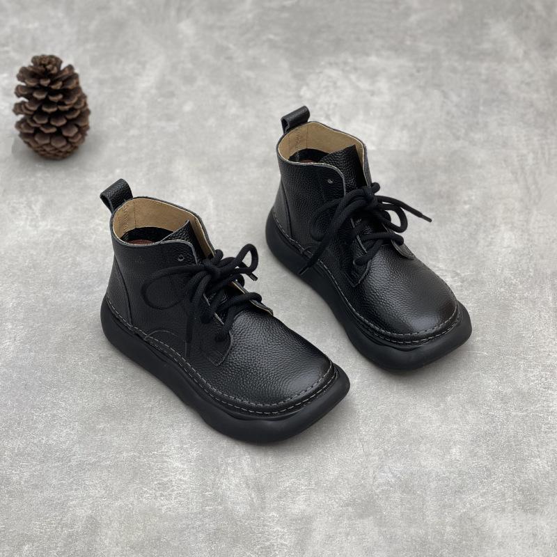 Johnature Retro Oryginalne Skórzane Krótkie Buty Szerokie Noski Sznurowane Skórzane Buty Damskie Miękka Podeszwa