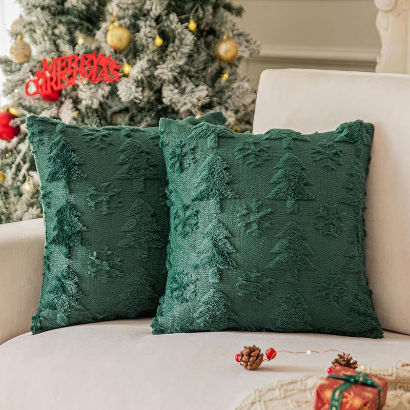Green Christmas Tree Pillow Covers 18x18 inches Set of 2, Snowflake Shaped Faux Fur Throw Pillow Covers for Couch, Winter Holiday Decorations, 20 x 12 (Pack of 2)
