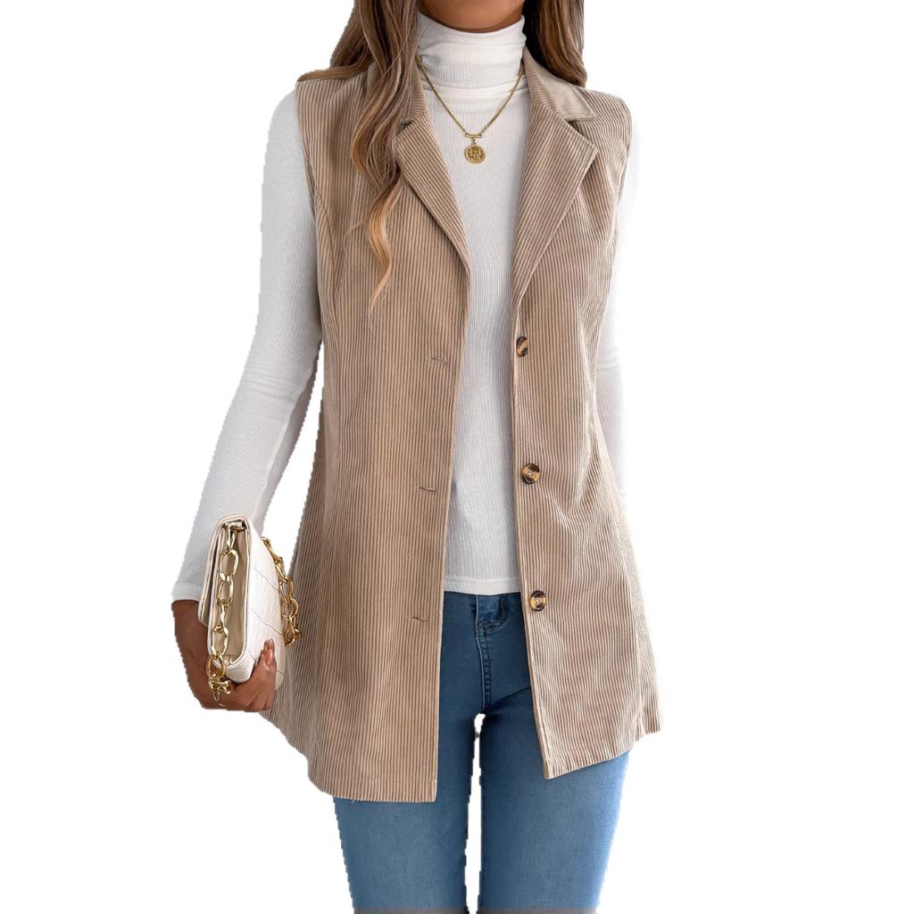 QICED Autumn and Winter Casual Single-breasted Suit Collar Corduroy Vest Jacket for Women