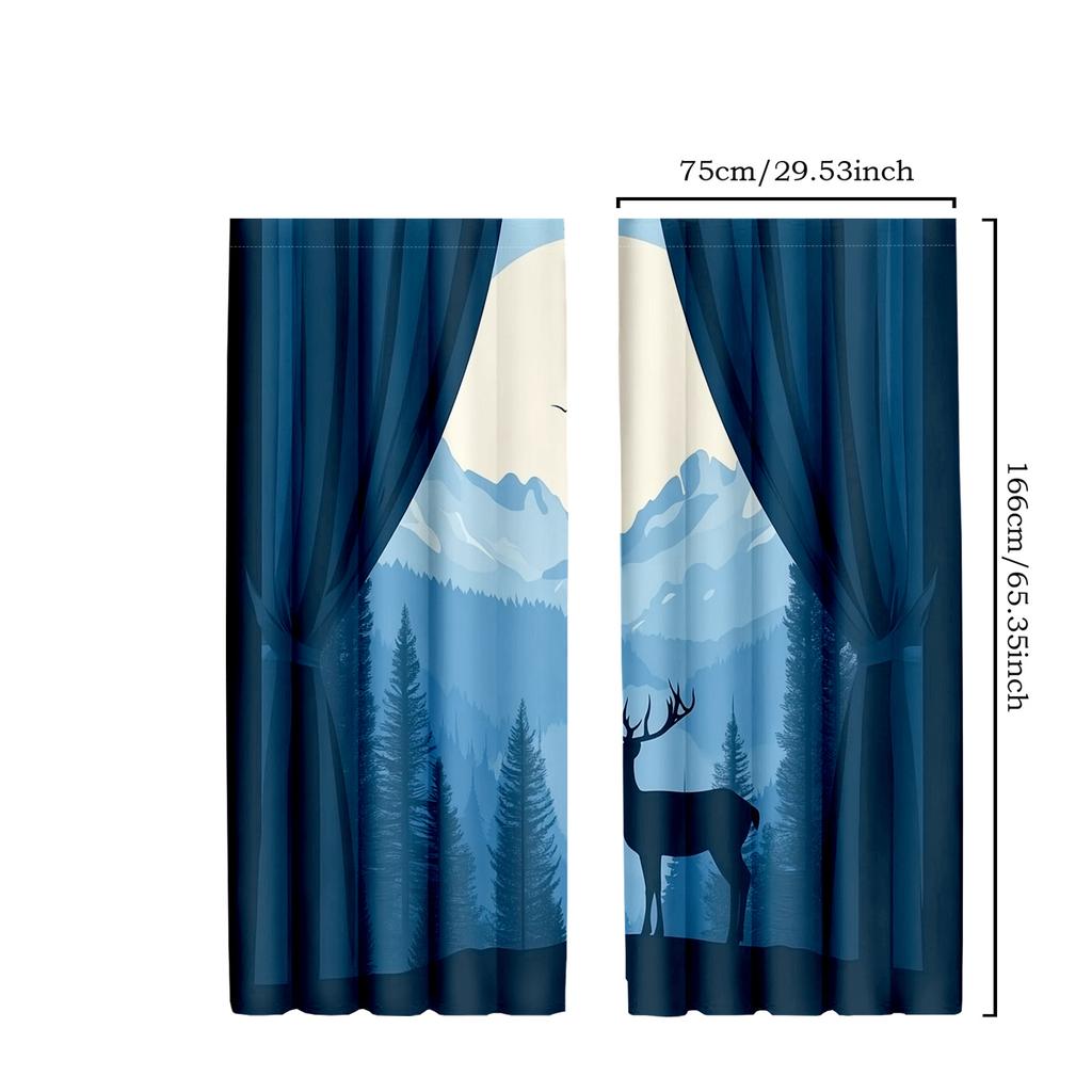 2pcs Classic Blue Deer and Mountain Design Curtains - Polyester   Nature-Inspired Decor for Bedroom & Living Room with Pine Trees
