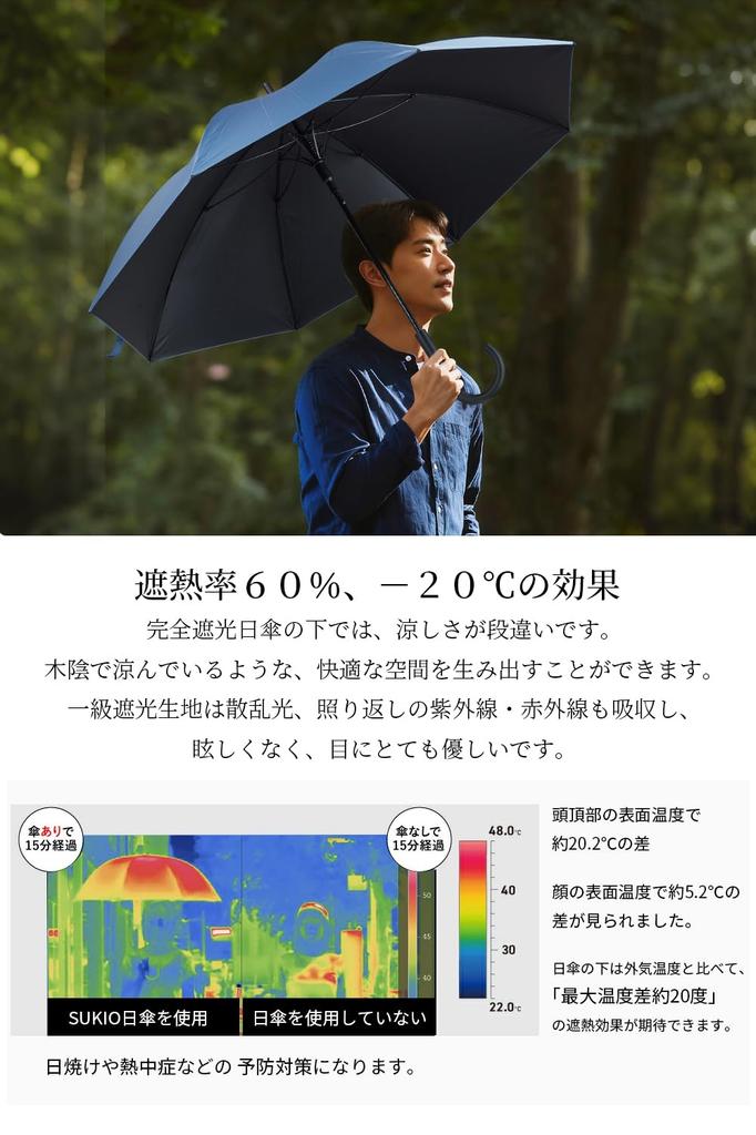 SUKIO Long 8 Full UV Heat Heatstroke UV Rain or Ultra Perfect for Watching and Water Jump Unisex Men's Parasol, 60cm, Ribs, Blackout, Fiberglass, 100%