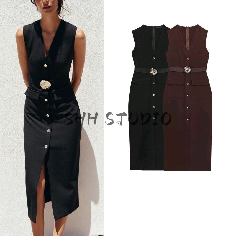 Summer New Product Women's Clothes Round Neck Sleeveless Fake Button Decoration with Belt Crepe Midi Skirt Dress 3897166