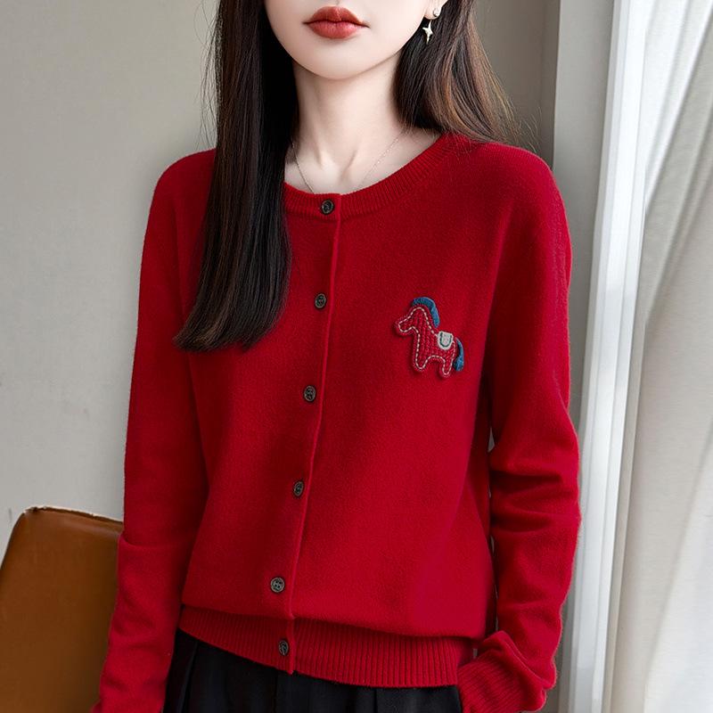 Andy's Women's Cartoon Pony Embroidered Knit Cardigan - Round Neck, Long-Sleeved, Autumn Winter Sweater