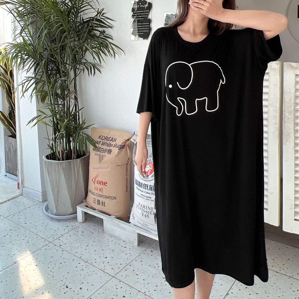 Elephant Print Modal Nightdress - Round Neck, Short Sleeve, Lightweight Summer Loungewear.