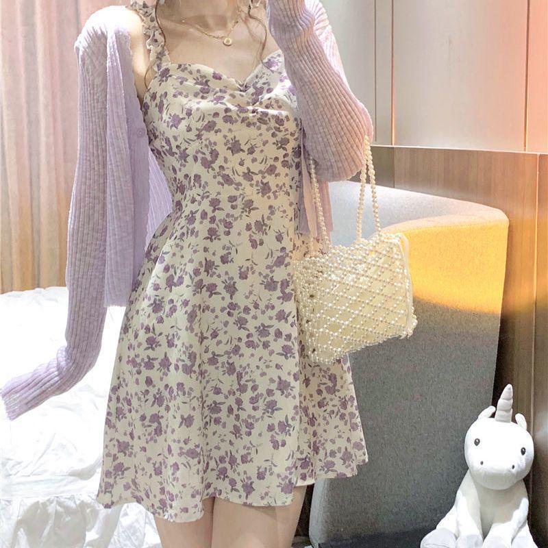 Women's Floral Suspender Dress Set: Sweet & Spicy Summer Style with Short Skirt and Sun Protection Cardigan.