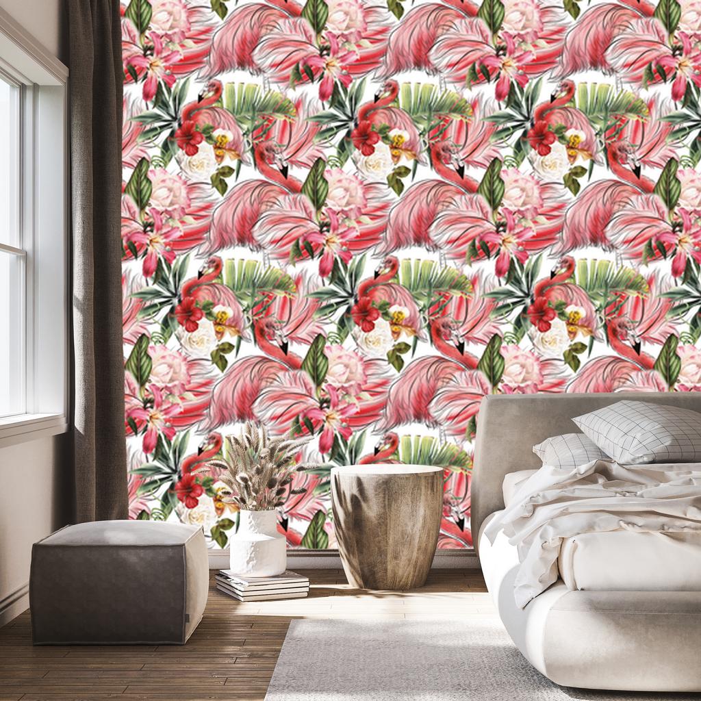 Flamingos roses flowers and leaves wallpaper for living room and bedroom 50x1000