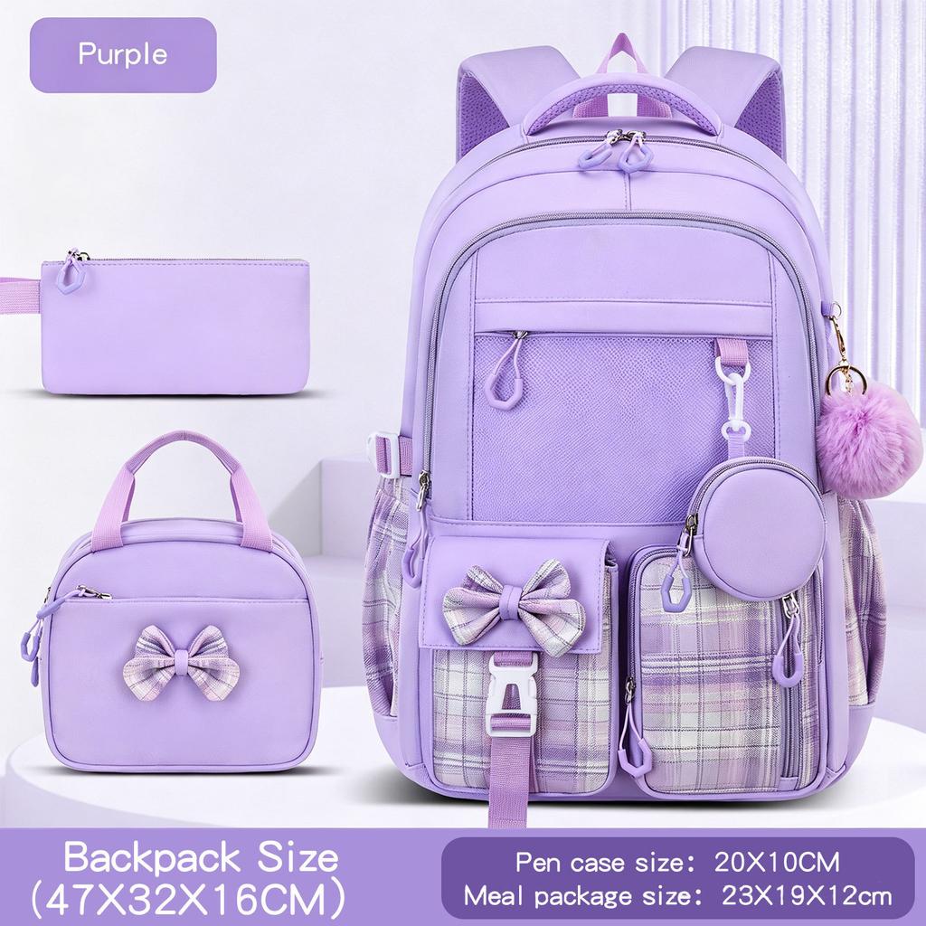4pcs/set Patchwork School Backpack Set Primary Middle Bow School Bags for Girls Cute Bookbag Lunch Bag Pencil Bag Large Capacity