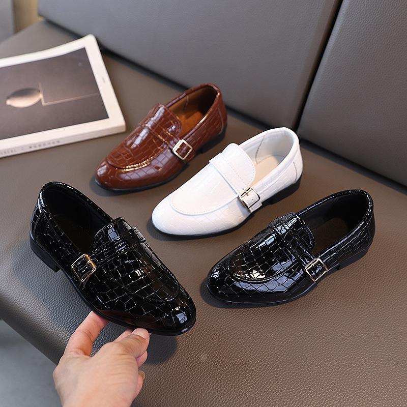 Boys Pointed Leather Shoes Black and White Brown Spring Soft Leather Surface Performance Lace-up Medium and Older Children's Fashion Casual Shoes