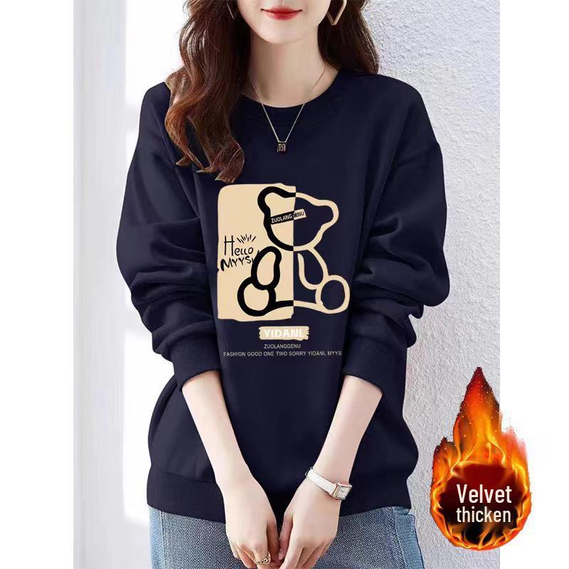2025 Women's Plus Velvet Loose Round Neck Sweatshirt - Thickened Autumn/Winter Casual Top, Trendy American Style, No Hood