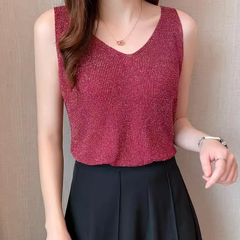 Korean Elegant Shiny Silk V-Neck Sleeveless Versatile Casual Knitted Vest For Women