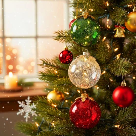 Glass Tabletop Christmas Ornament with LED Lights Glass Ball with Timer Function 6-Inch Light-Up Sphere for Holiday Centerpiece