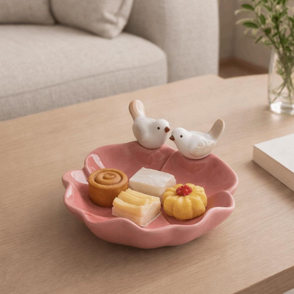 Blumige Keramik-Dessertplatte Niedliche Tee-Snack-Obstschale Vogelform-Gebäckplatte für die Küche