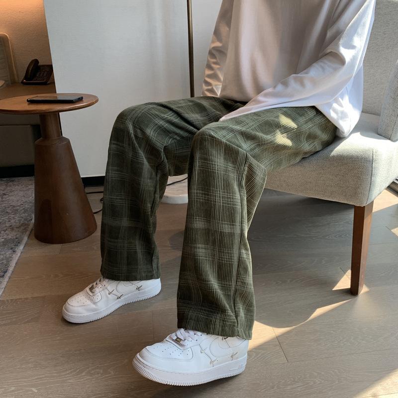 Spring Autumn Men's Checkered Casual Pants Loose Straight Corduroy Pants Sweatpants Man Streetwear Hip Hop Trousers
